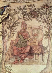 Detalj av Orpheus som sjarmerer dyrene, fra stedet for Blanzy-mosaikken, se også 173716
